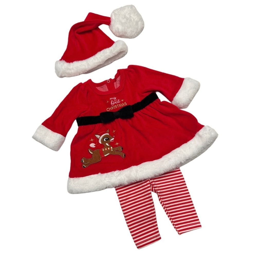 Festive ‘My First Christmas’ Baby Girl Matching Set with Santa Hat, Size 3 Month